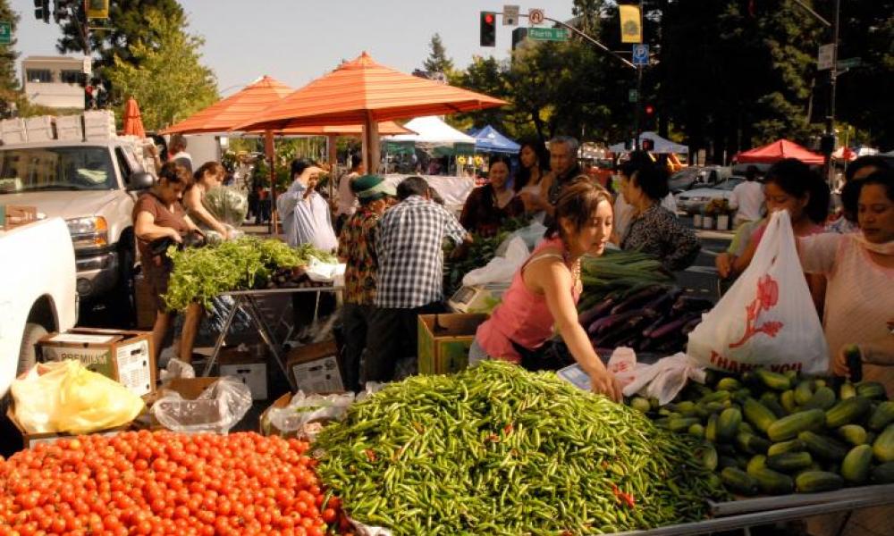 Residents shop at the Santa Rosa Farmers' Market, with piles of tomatoes, cucumbers and peppers in the foreground.