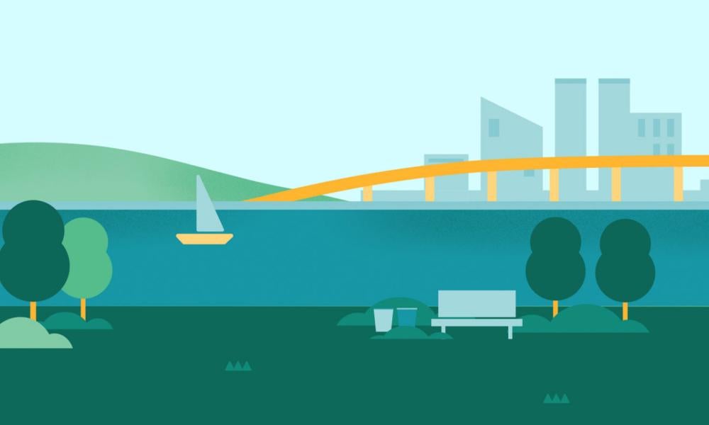 A bench with trees in the foregrwound while a sailboat, bridge and buildings are in the background of this illustration from the Mayor of Bayville game.