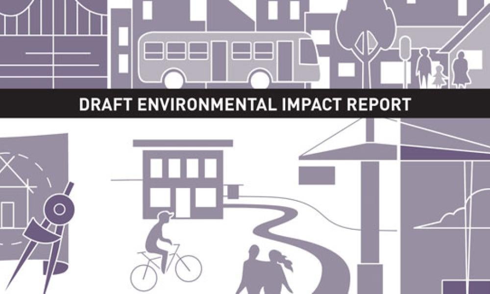 Illustration showing people at work and at play with "Draft Environmental Impact Report" banner across the top