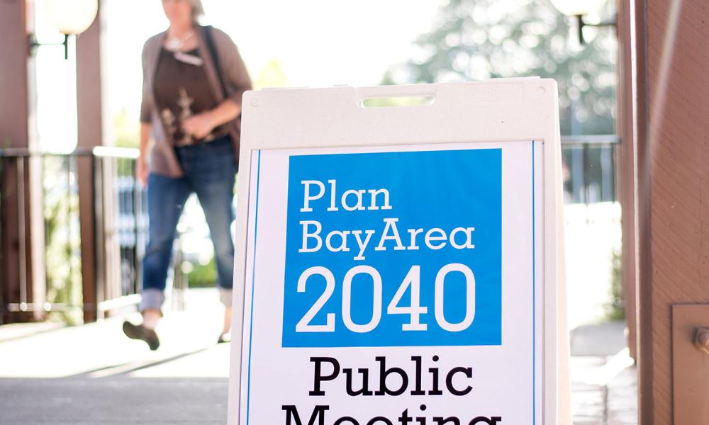 sandwich board with Plan Bay Area 2040 public meeting