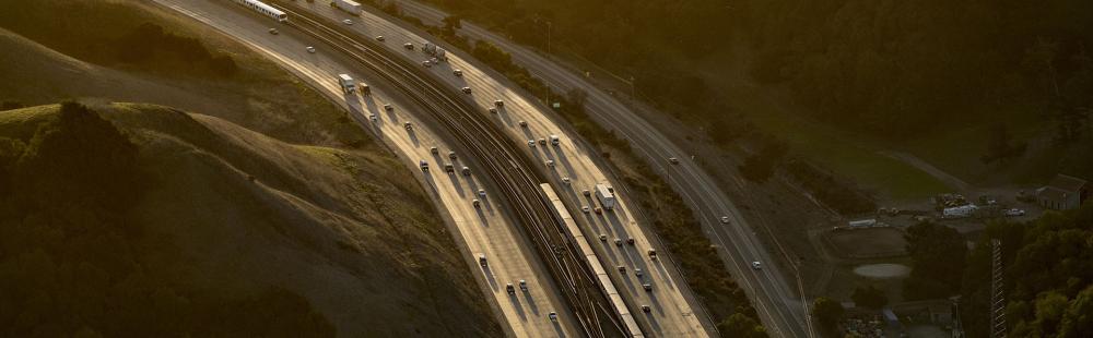 Aerial of traffic on Interstate 580 in Alameda County.