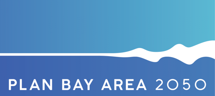 Plan Bay Area 2050 logo, with "Plan Bay Area 2050" text along the bottom edge. A light blue color, like the sky, fills the top half while the bottom half is a dark blue. A white line, like a wave, bisects the two blue sections.